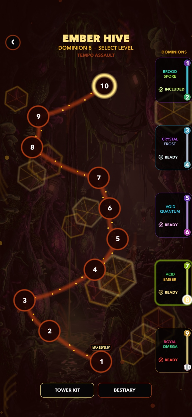 XenoDefense Ember Hive level-select map for Dominion 8