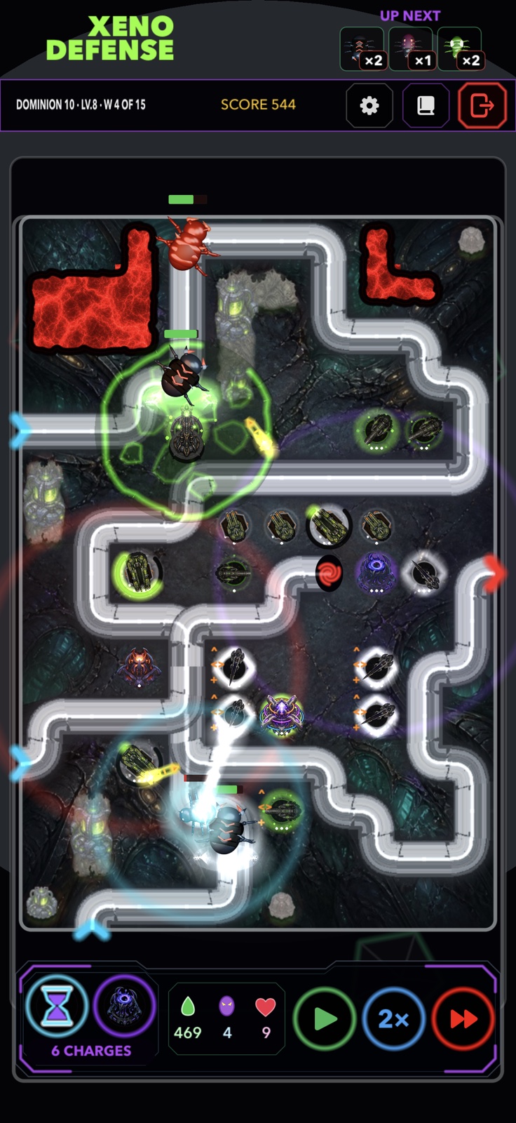 XenoDefense Dominion 10 battle with a complete combat HUD and towers defending intersecting routes