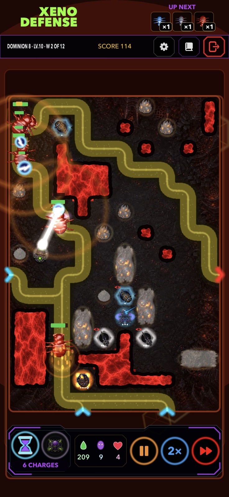 XenoDefense Dominion 8 battle against an alien swarm across a volcanic battlefield