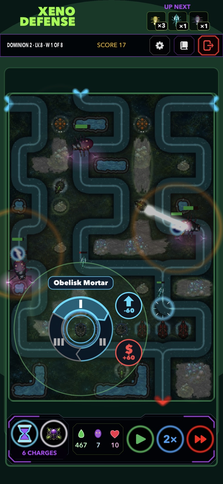 XenoDefense Obelisk Mortar action radial showing tower levels, upgrade cost, sell value, and attack range