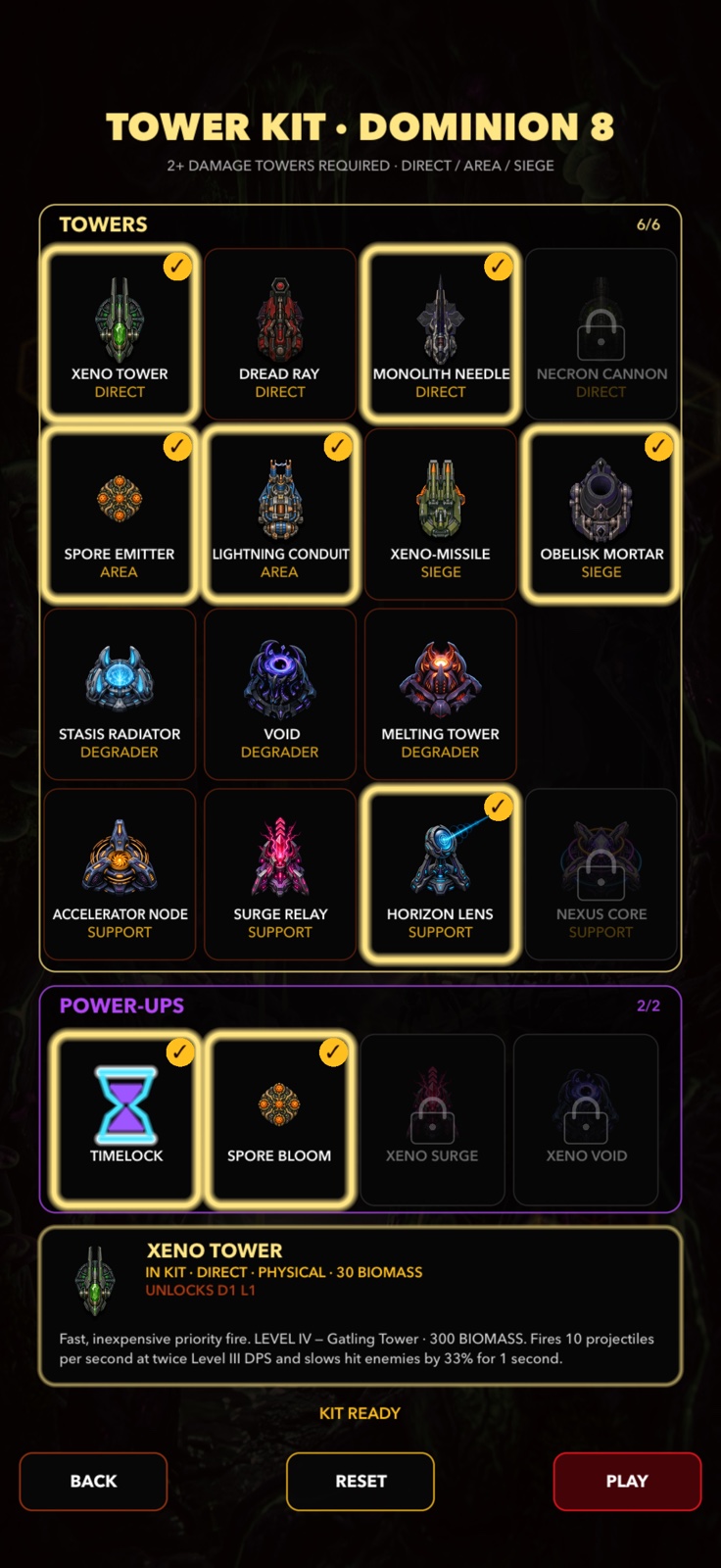 XenoDefense Dominion 8 Tower Kit selection with towers and Power-Ups